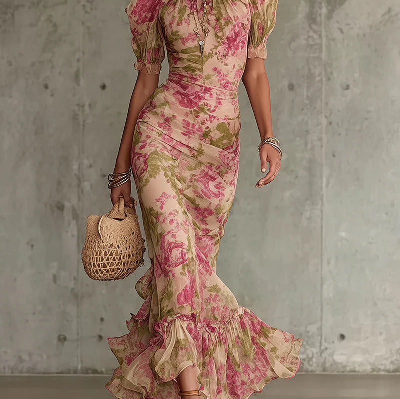 Amandine robe longue à imprimé rose vintage et manches bouffantes